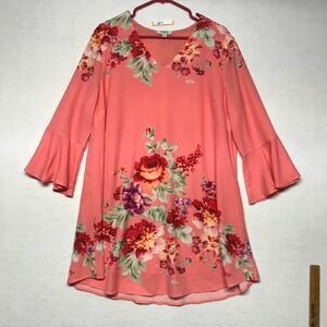 Umgee Coral Pink Floral Bell Sleeve V-Neck Mini Dress Tunic Womens Medium Boho